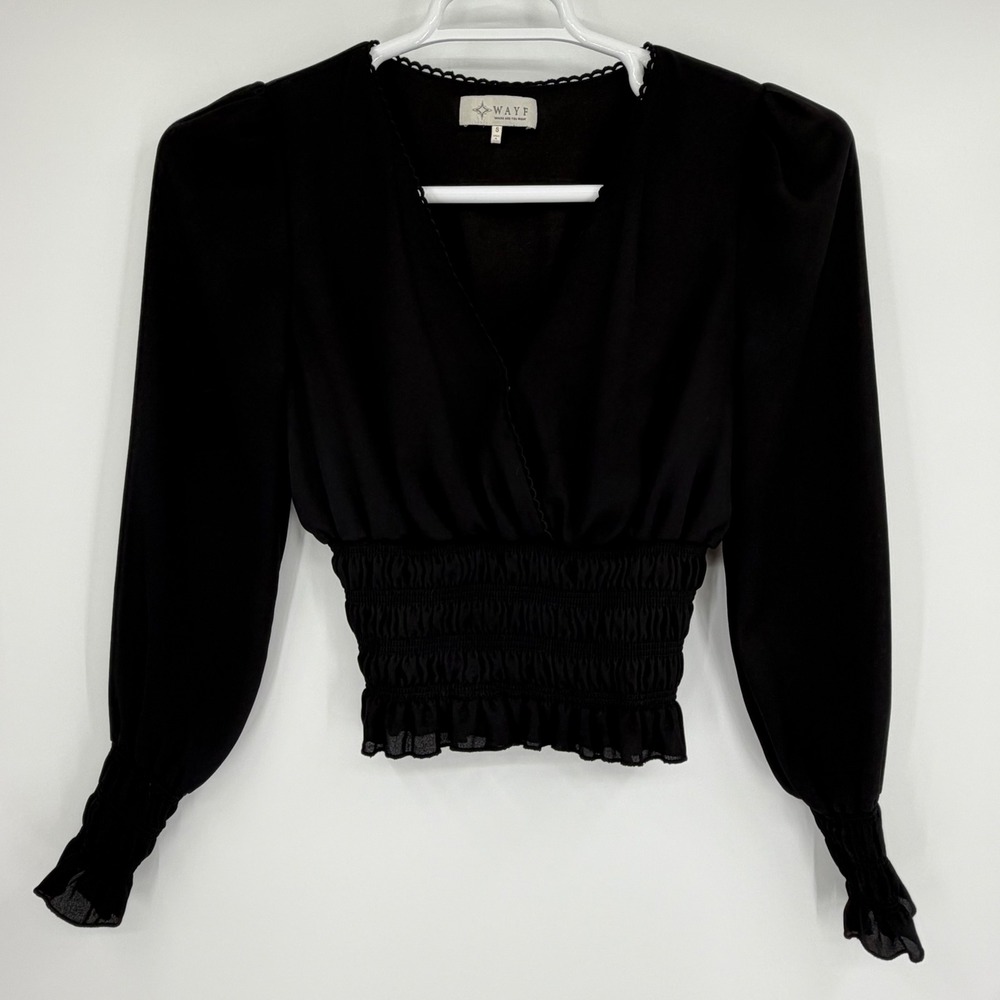 WAYF Black Smocked Waist V-Neck Long Sleeve Blouse Scallop Trim 70417NRCH-D93 S